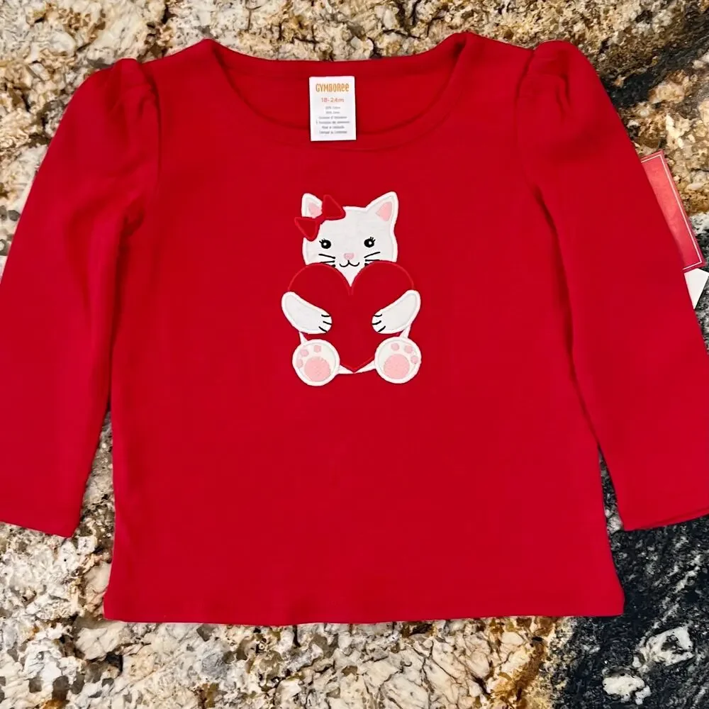 NWT Gymboree Girls Red W/Embroidered Valentine Heart Cat Top